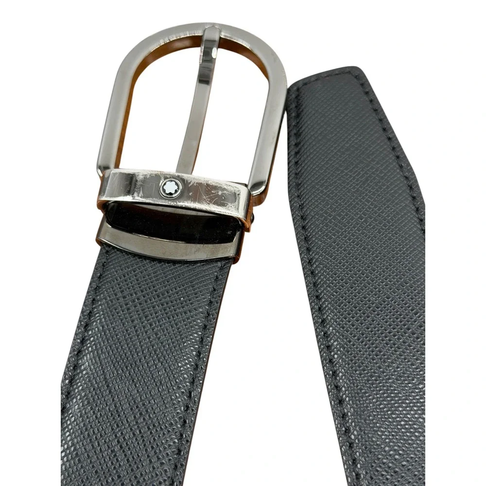 Montblanc Horseshoe Buckle Belt Mens SZ 28 Black Blue Reversible Leather Classic